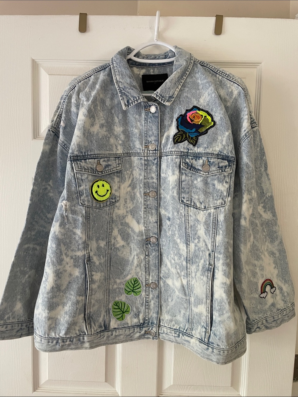 Upcycled Banana Republic Acid-Wash Denim Jacket with Colorful Patches